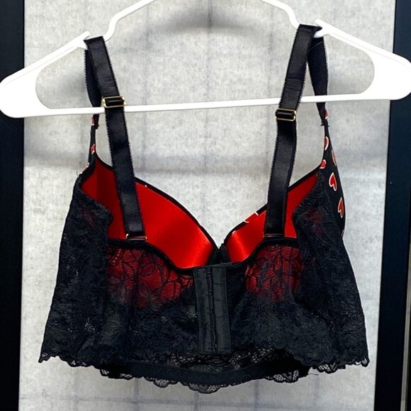 Daisy Fuentes Lace Long Line Hearts on Black Padded Underwire Bra Black Red 38DD - Picture 4 of 13